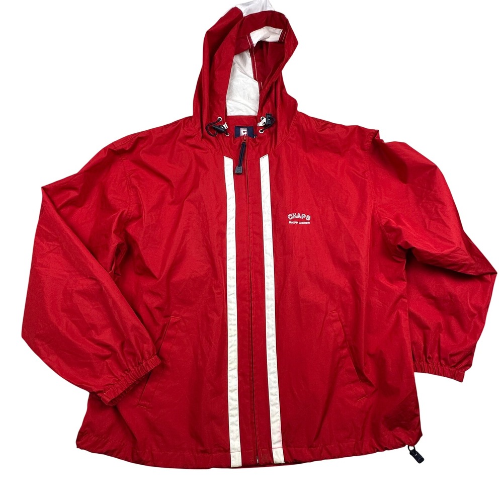VTG Chaps Ralph Lauren Mens L Red White Stripe Hooded Windbreaker Jacket Fall